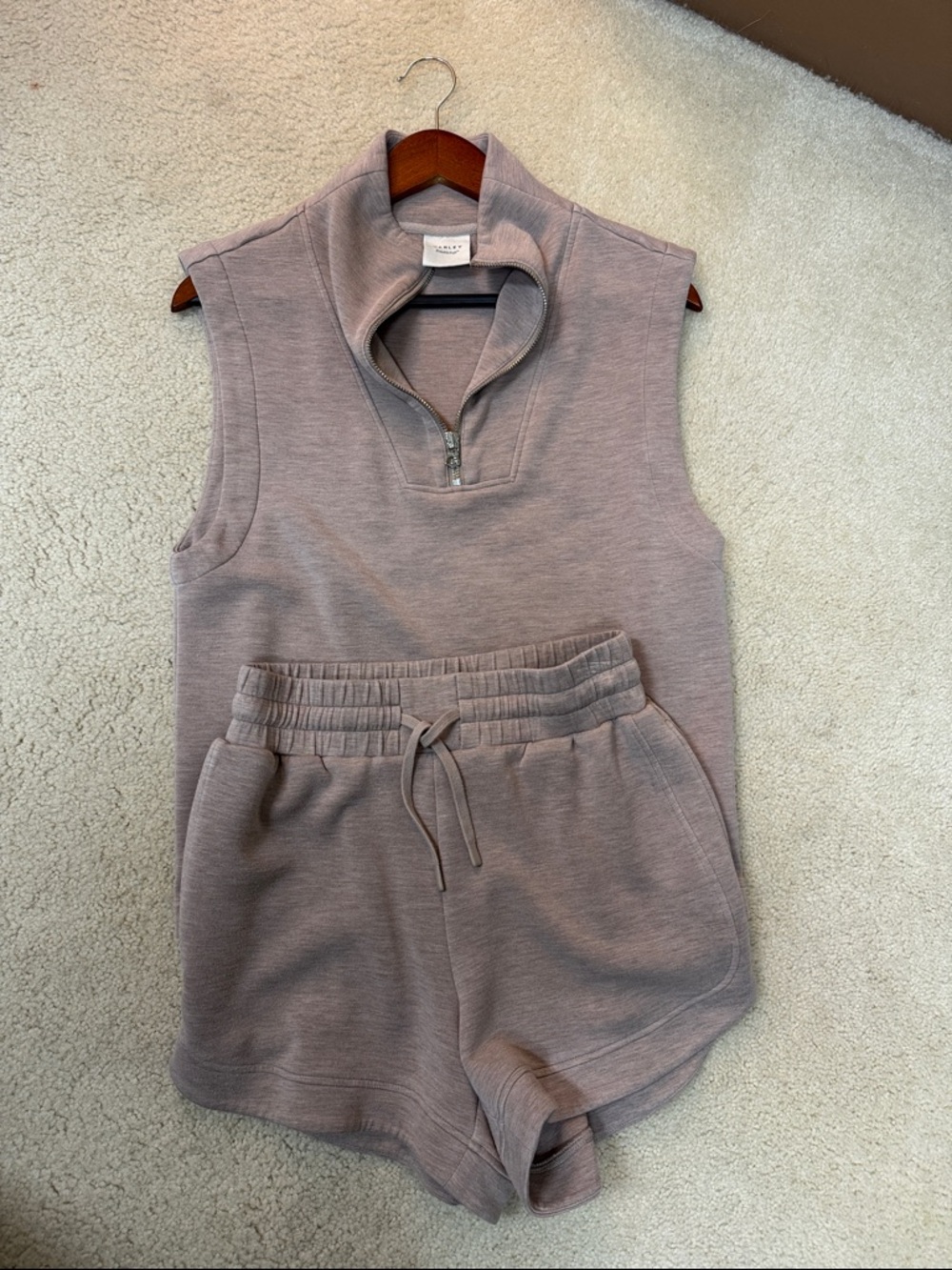 Varley Sleeveless Half-Zip Pullover and Drawstring Shorts - Taupe